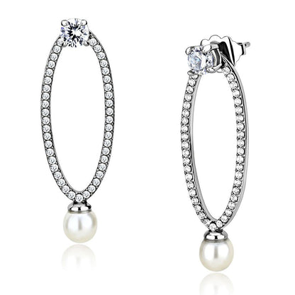 MADA223 - High polished (no plating) Stainless Steel Earrings with Synthetic Pearl in White
