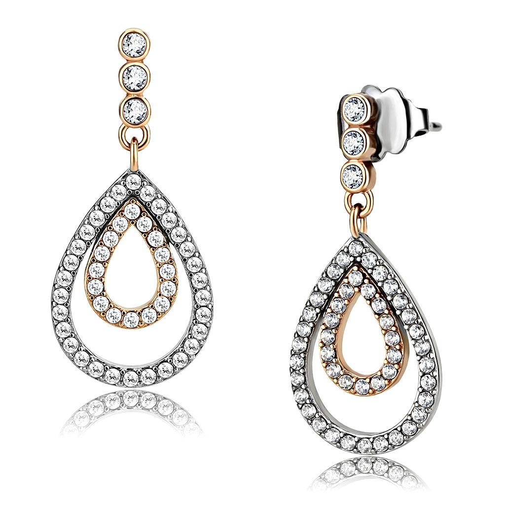 MADA227 - Two-Tone IP Rose Gold Stainless Steel Earrings with AAA Grade CZ  in Clear