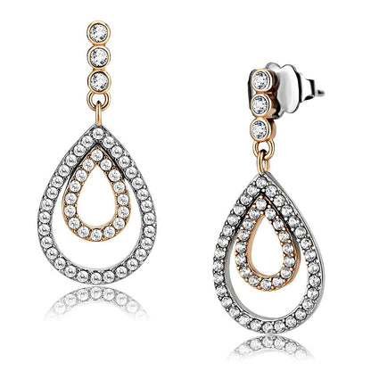 MADA227 - Two-Tone IP Rose Gold Stainless Steel Earrings with AAA Grade CZ  in Clear