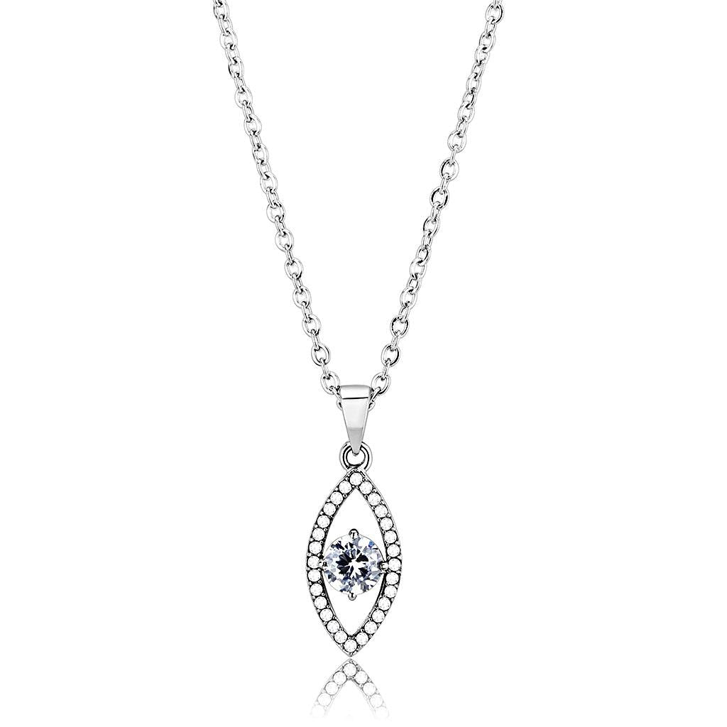 MADA228 - High polished (no plating) Stainless Steel Chain Pendant with AAA Grade CZ  in Clear