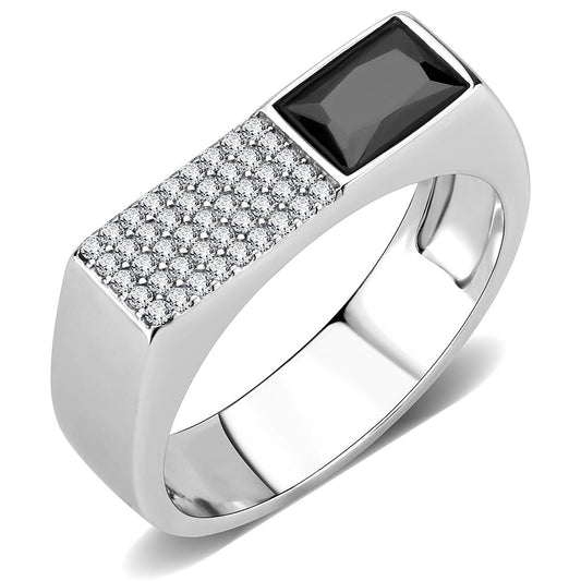 MADA252 - High polished (no plating) Stainless Steel Ring with AAA Grade CZ  in Black Diamond