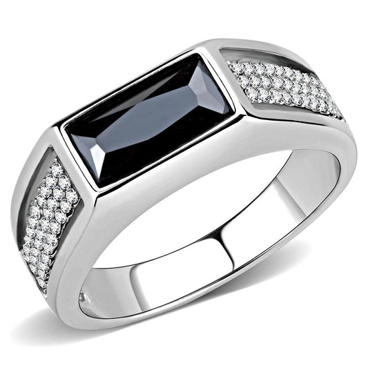MADA284 - High polished (no plating) Stainless Steel Ring with AAA Grade CZ  in Black Diamond