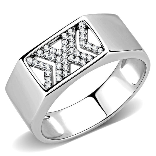 MADA285 - High polished (no plating) Stainless Steel Ring with AAA Grade CZ  in Clear