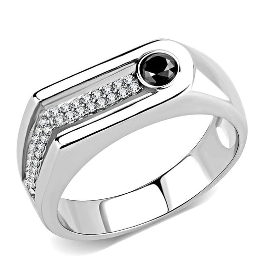 MADA286 - High polished (no plating) Stainless Steel Ring with AAA Grade CZ  in Black Diamond