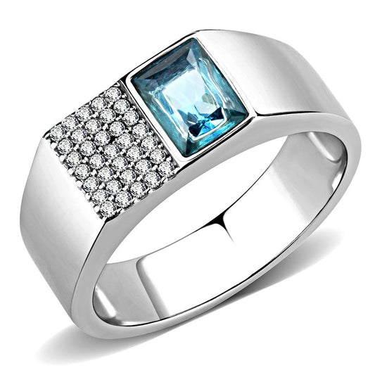 MADA287 - High polished (no plating) Stainless Steel Ring with Synthetic  in Sea Blue