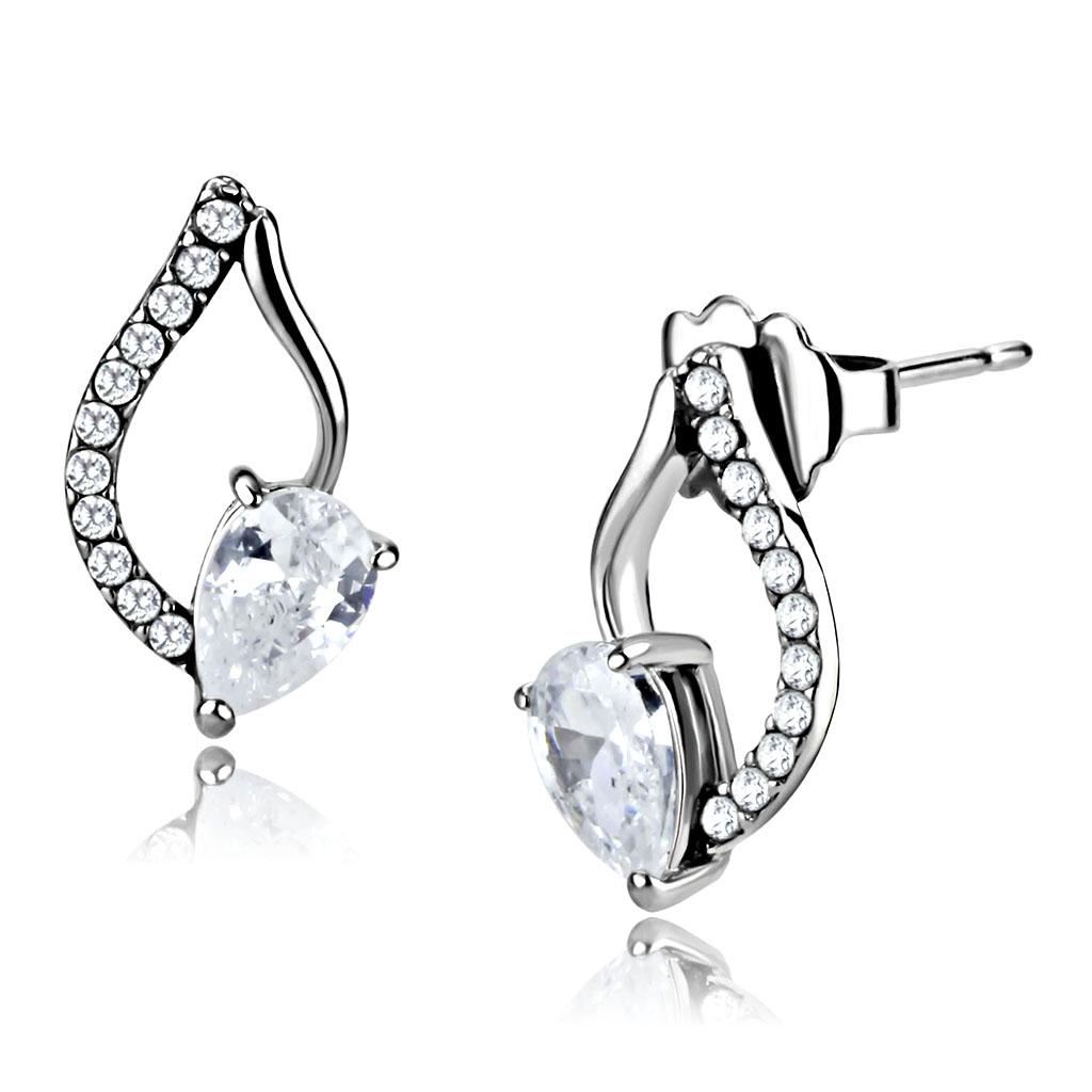 MADA290 - High polished (no plating) Stainless Steel Earrings with AAA Grade CZ  in Clear