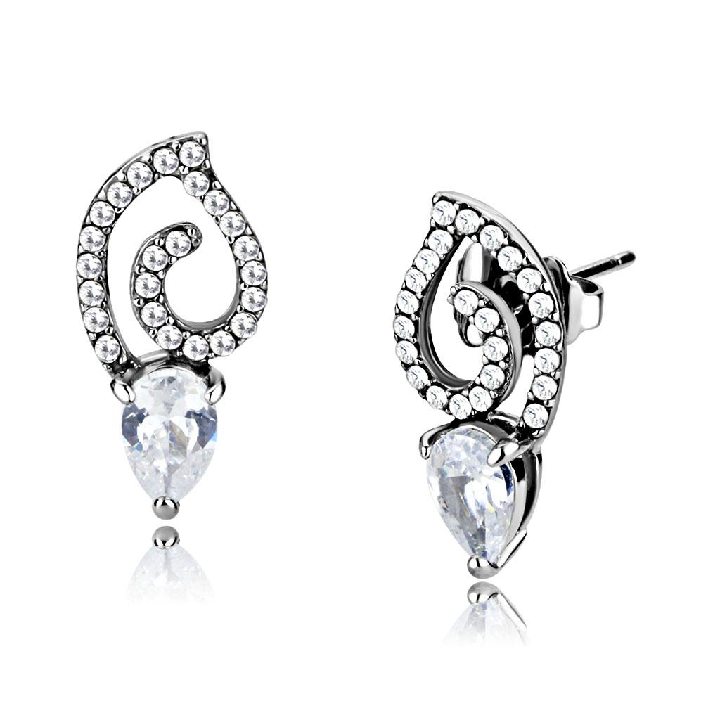 MADA291 - High polished (no plating) Stainless Steel Earrings with AAA Grade CZ  in Clear