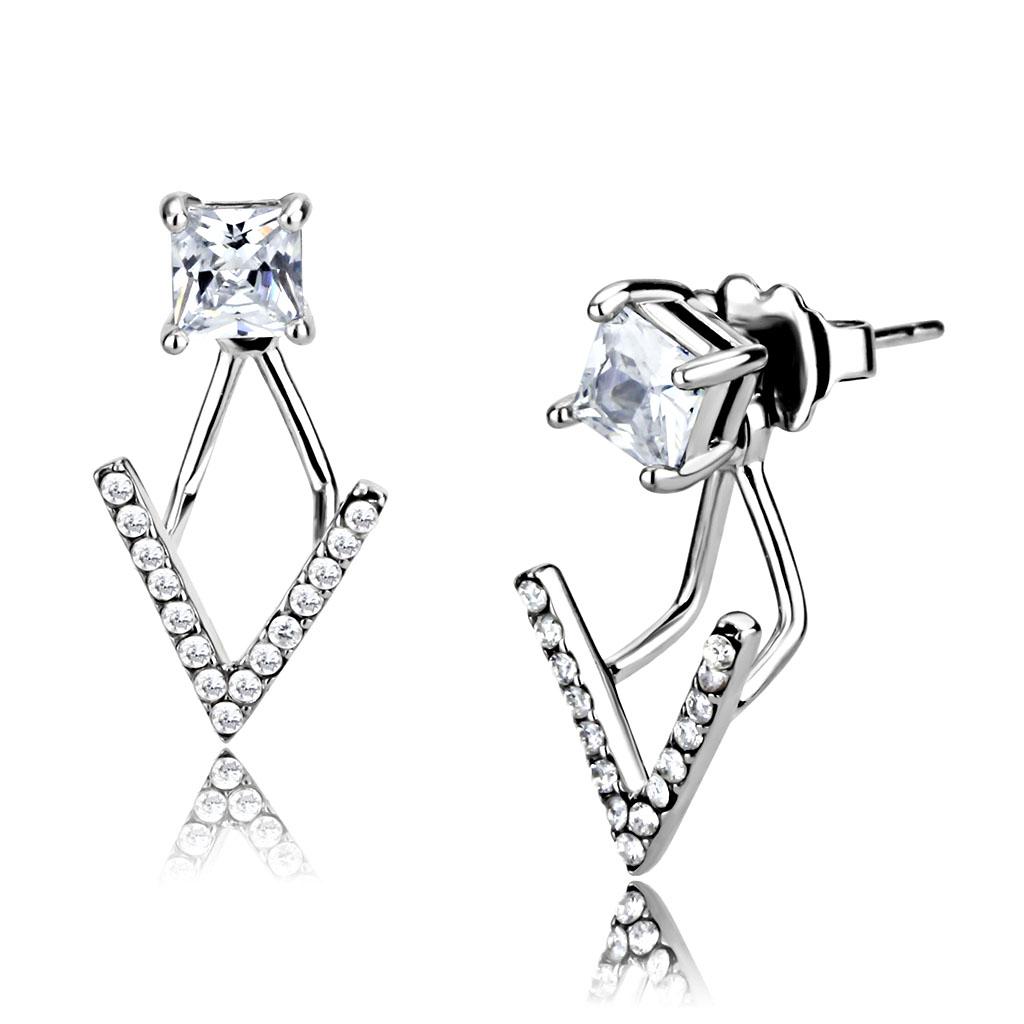 MADA292 - High polished (no plating) Stainless Steel Earrings with AAA Grade CZ  in Clear