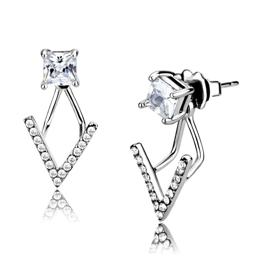 MADA292 - High polished (no plating) Stainless Steel Earrings with AAA Grade CZ  in Clear