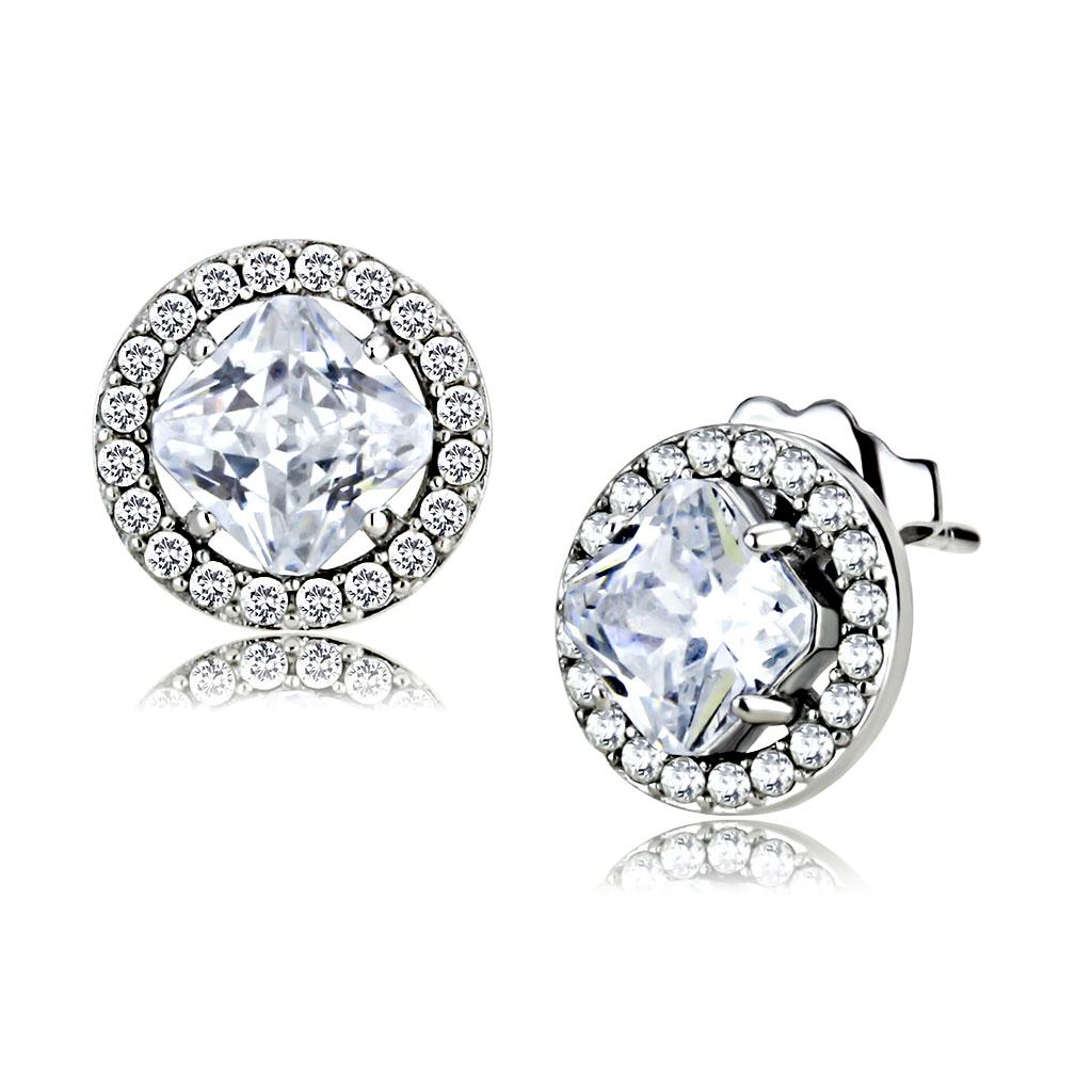 MADA295 - High polished (no plating) Stainless Steel Earrings with AAA Grade CZ  in Clear