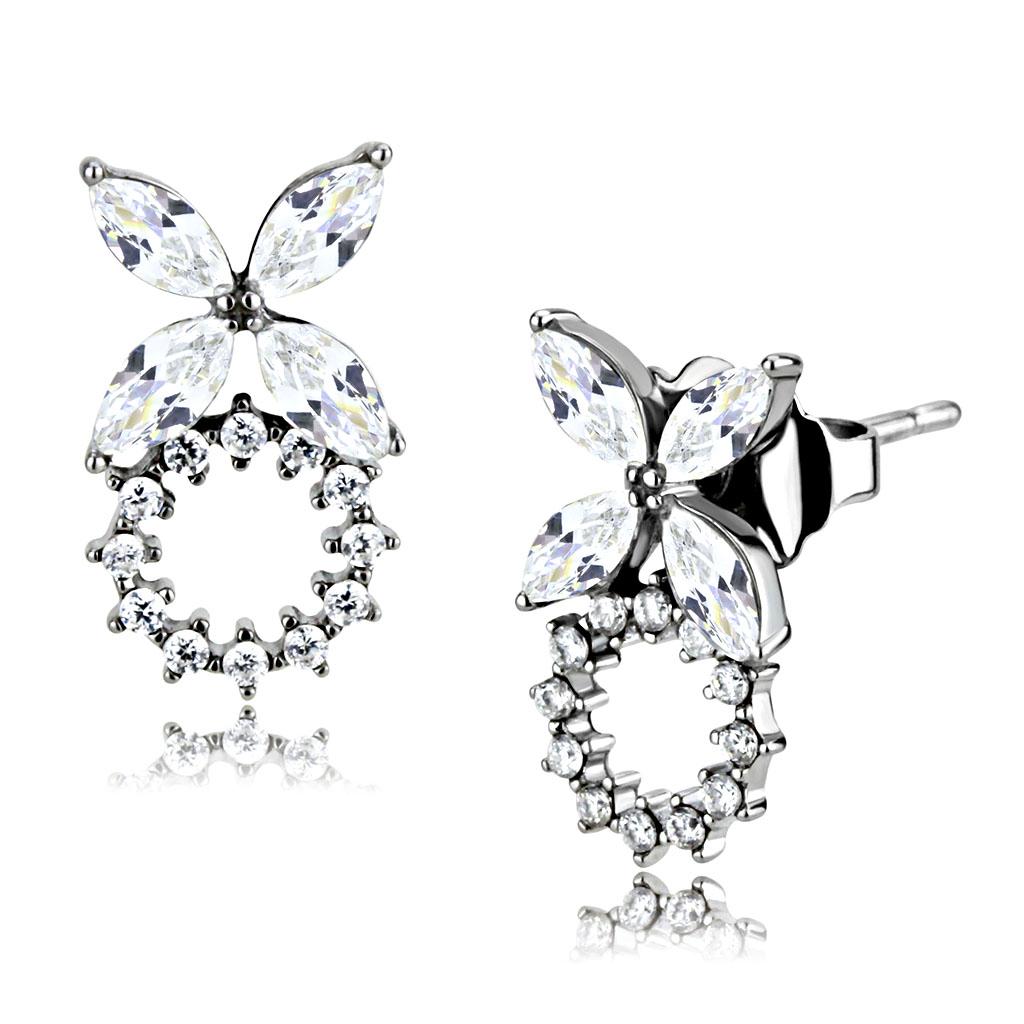 MADA296 - High polished (no plating) Stainless Steel Earrings with AAA Grade CZ  in Clear
