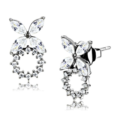 MADA296 - High polished (no plating) Stainless Steel Earrings with AAA Grade CZ  in Clear