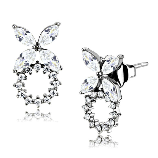 MADA296 - High polished (no plating) Stainless Steel Earrings with AAA Grade CZ  in Clear