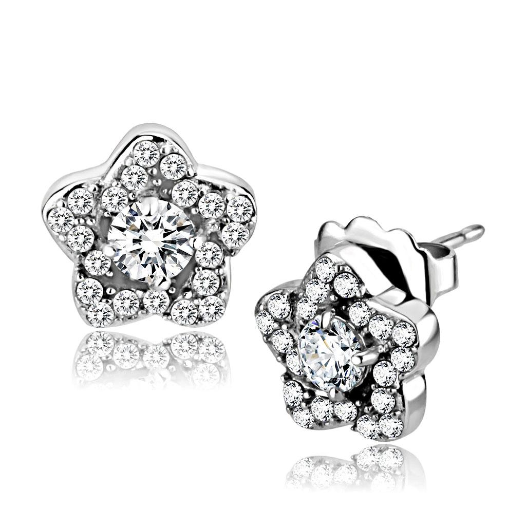 MADA297 - High polished (no plating) Stainless Steel Earrings with AAA Grade CZ  in Clear