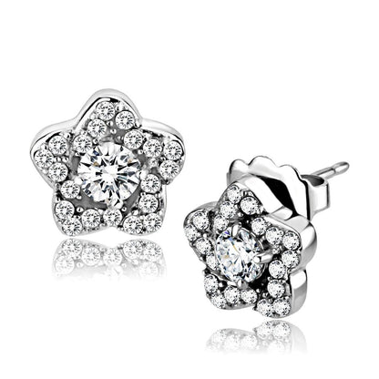 MADA297 - High polished (no plating) Stainless Steel Earrings with AAA Grade CZ  in Clear