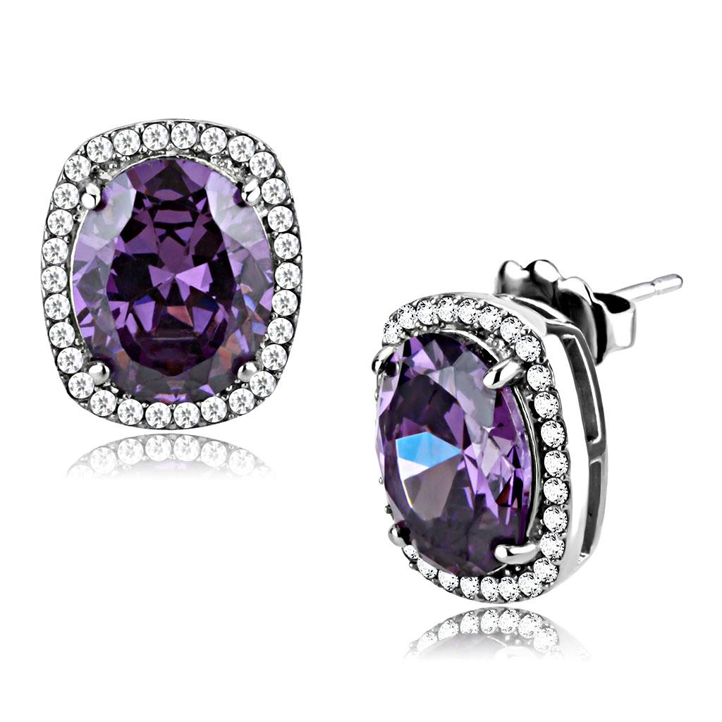MADA298 - High polished (no plating) Stainless Steel Earrings with AAA Grade CZ  in Amethyst