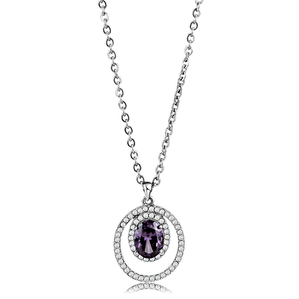 MADA300 - High polished (no plating) Stainless Steel Chain Pendant with AAA Grade CZ  in Amethyst