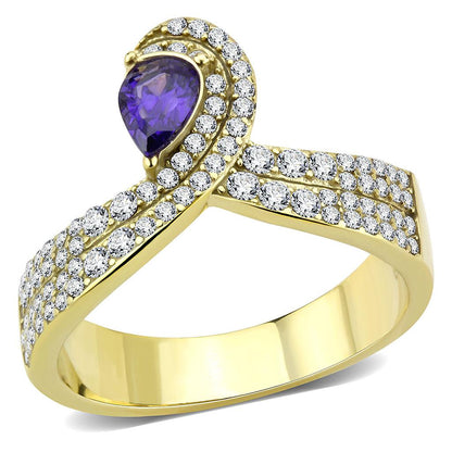 MADA304 - IP Gold(Ion Plating) Stainless Steel Ring with AAA Grade CZ  in Tanzanite