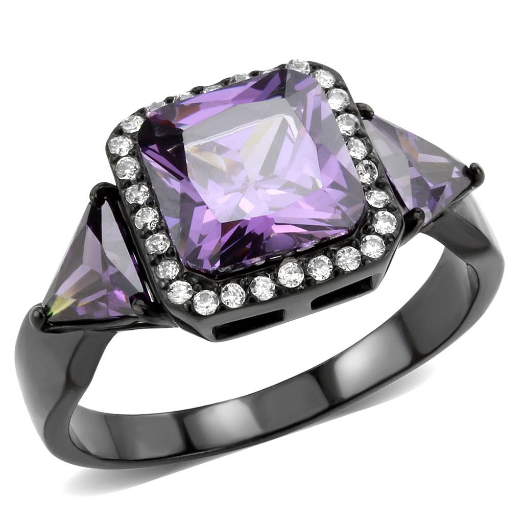 MADA346 - IP Black(Ion Plating) Stainless Steel Ring with AAA Grade CZ  in Amethyst