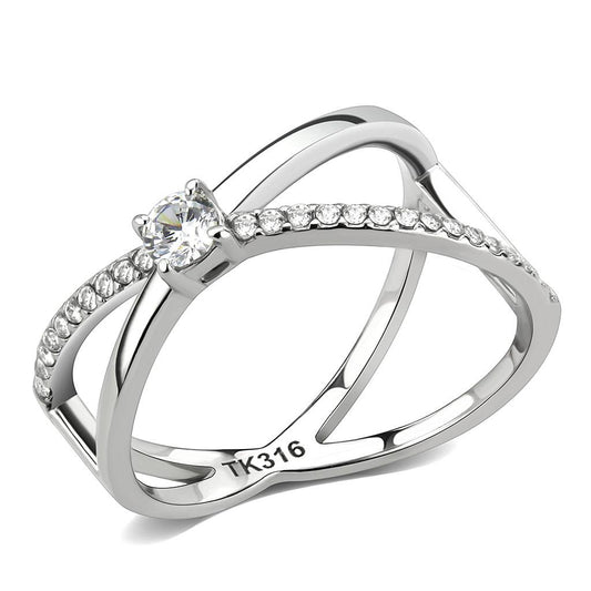 MADA351 - High polished (no plating) Stainless Steel Ring with AAA Grade CZ  in Clear