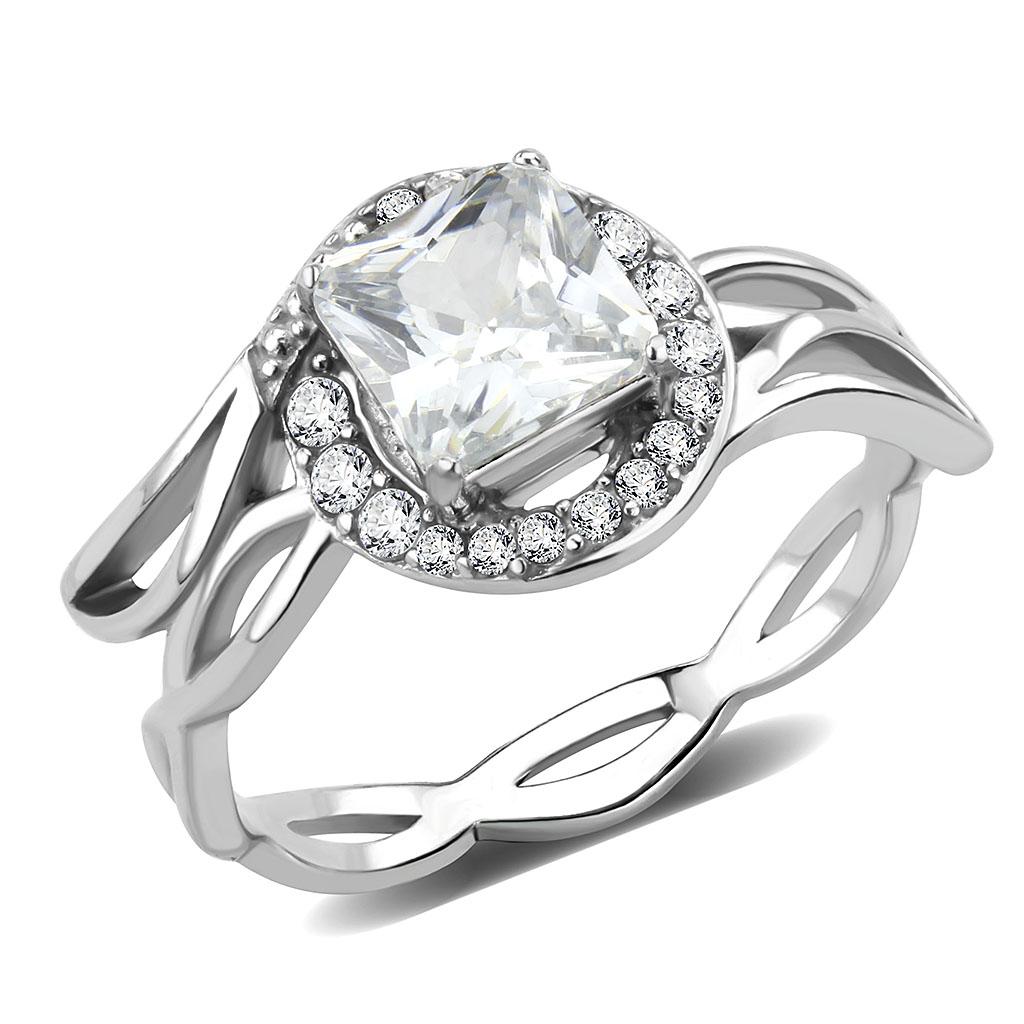 MADA357 - High polished (no plating) Stainless Steel Ring with AAA Grade CZ  in Clear