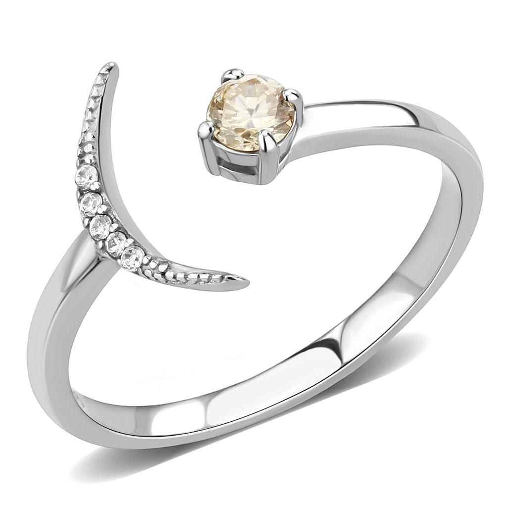 MADA358 - High polished (no plating) Stainless Steel Ring with AAA Grade CZ  in Champagne