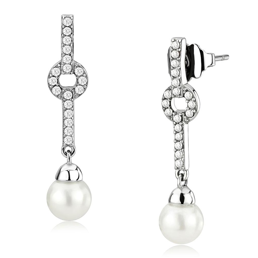 MADA370 - High polished (no plating) Stainless Steel Earrings with Synthetic Pearl in White