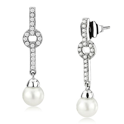 MADA370 - High polished (no plating) Stainless Steel Earrings with Synthetic Pearl in White