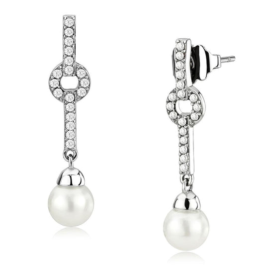 MADA370 - High polished (no plating) Stainless Steel Earrings with Synthetic Pearl in White