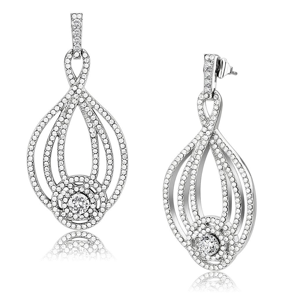 MADA374 - High polished (no plating) Stainless Steel Earrings with AAA Grade CZ  in Clear