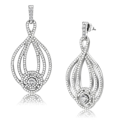 MADA374 - High polished (no plating) Stainless Steel Earrings with AAA Grade CZ  in Clear