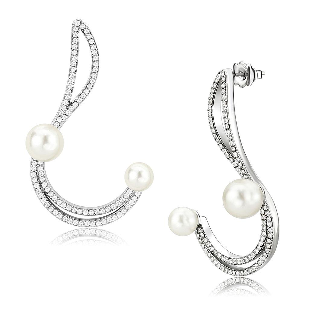 MADA375 - High polished (no plating) Stainless Steel Earrings with Synthetic Pearl in White