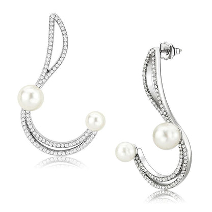 MADA375 - High polished (no plating) Stainless Steel Earrings with Synthetic Pearl in White