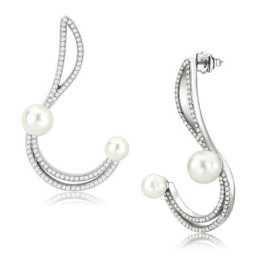 MADA375 - High polished (no plating) Stainless Steel Earrings with Synthetic Pearl in White