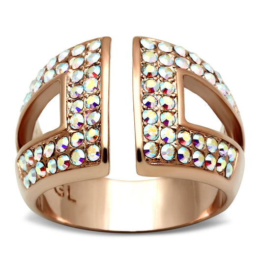 MAGL222 - IP Rose Gold(Ion Plating) Brass Ring with Top Grade Crystal  in Aurora Borealis (Rainbow Effect)