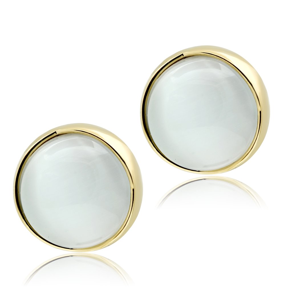 MAGL253 - IP Gold(Ion Plating) Brass Earrings with Synthetic Cat Eye in White