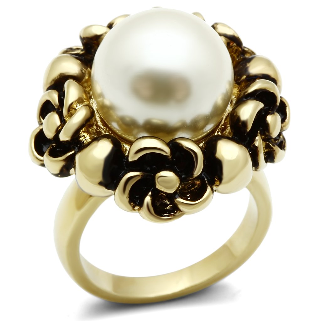 MAGL308 - IP Gold(Ion Plating) Brass Ring with Synthetic Pearl in White