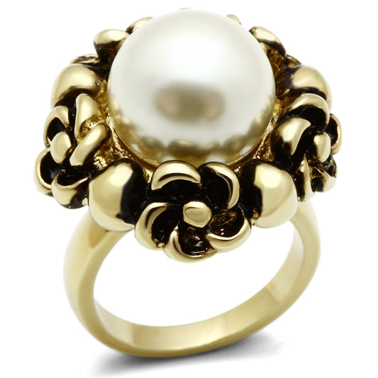 MAGL308 - IP Gold(Ion Plating) Brass Ring with Synthetic Pearl in White