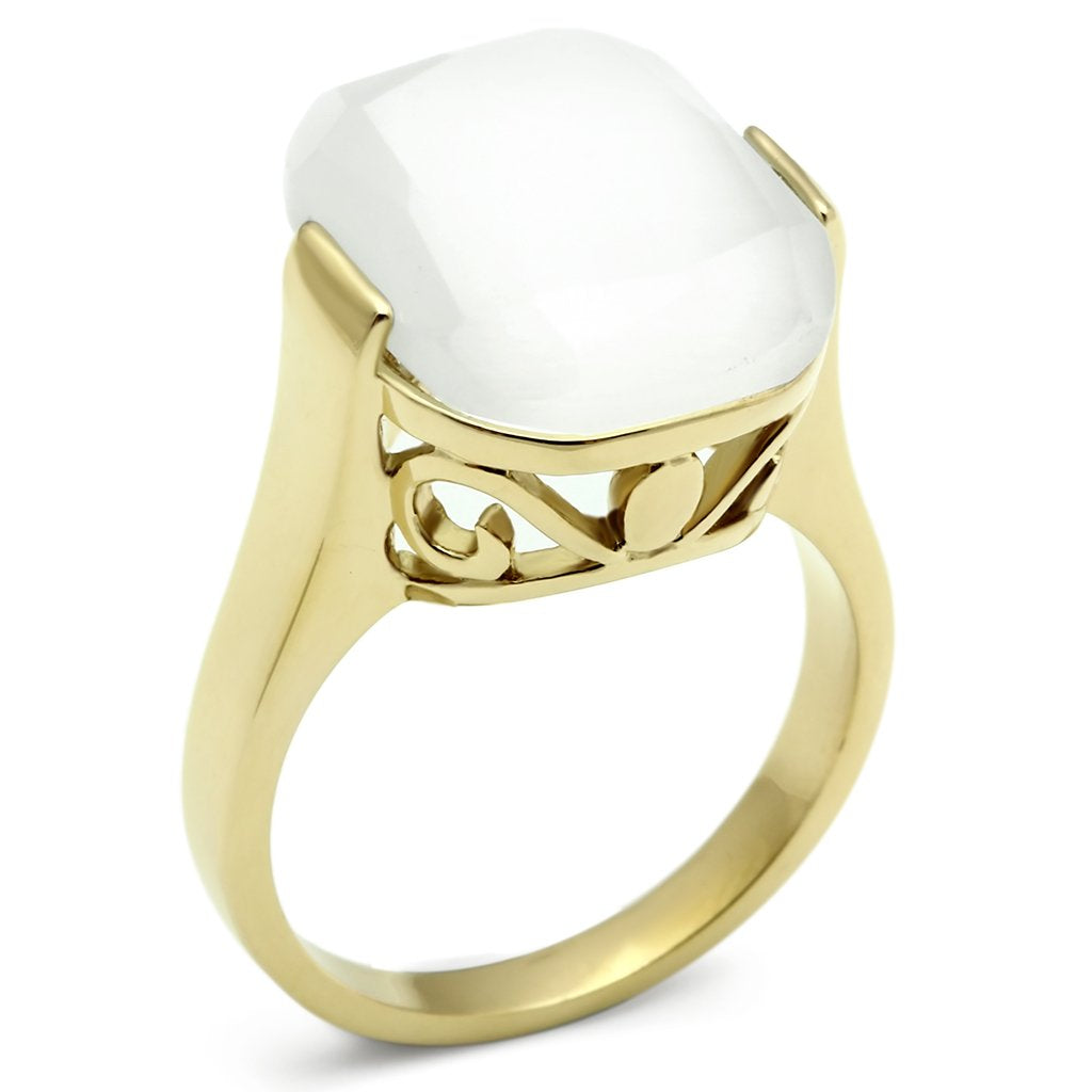MAGL309 - IP Gold(Ion Plating) Brass Ring with Synthetic Cat Eye in White