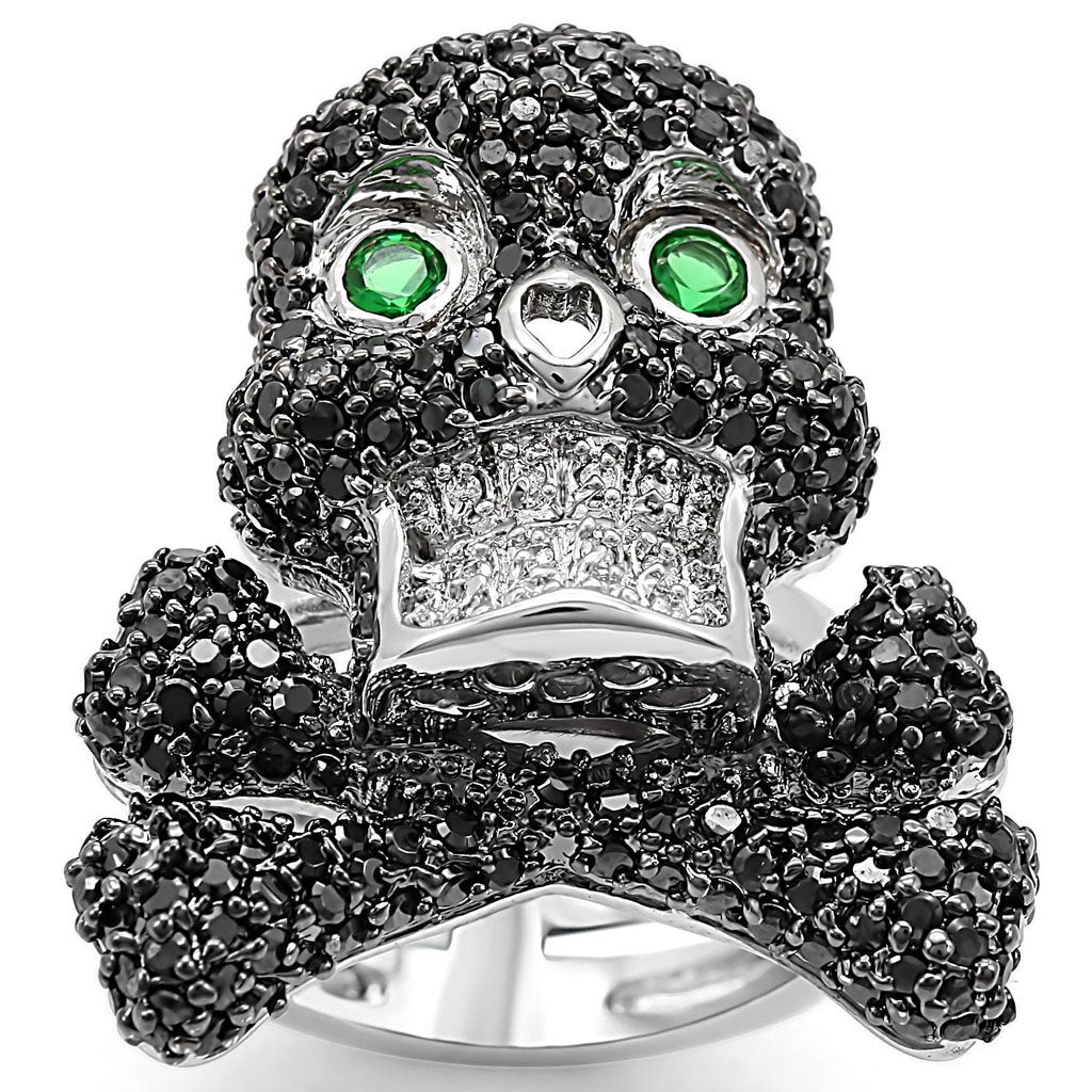 MALO1345 - Rhodium + Ruthenium Brass Ring with Synthetic Synthetic Glass in Emerald