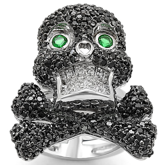 MALO1345 - Rhodium + Ruthenium Brass Ring with Synthetic Synthetic Glass in Emerald