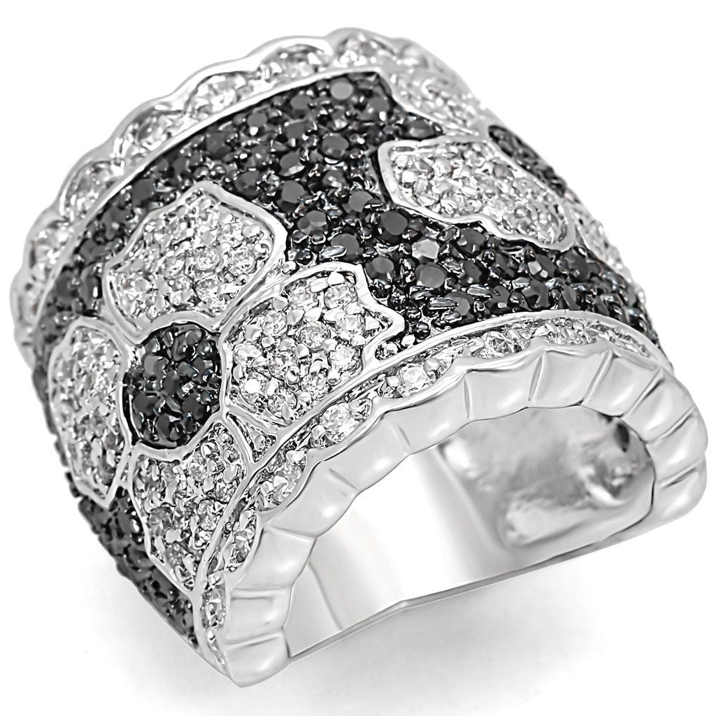 MALO1346 - Rhodium + Ruthenium Brass Ring with AAA Grade CZ  in Clear