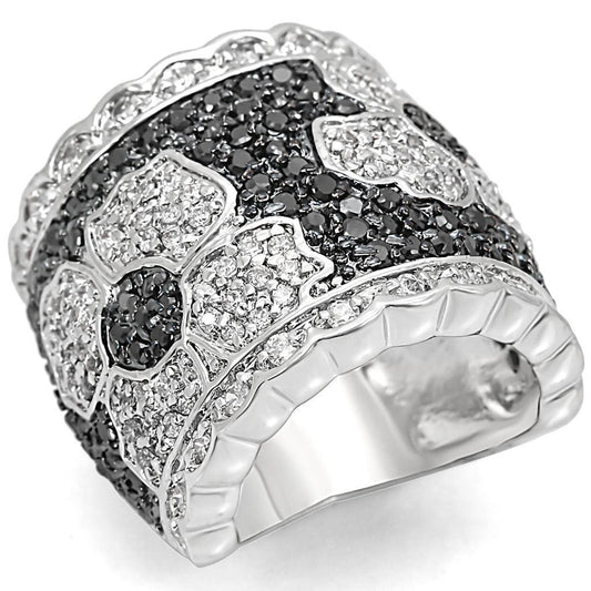 MALO1346 - Rhodium + Ruthenium Brass Ring with AAA Grade CZ  in Clear