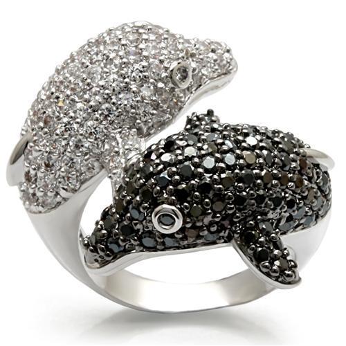 MALO1481 - Rhodium + Ruthenium Brass Ring with AAA Grade CZ  in Black Diamond