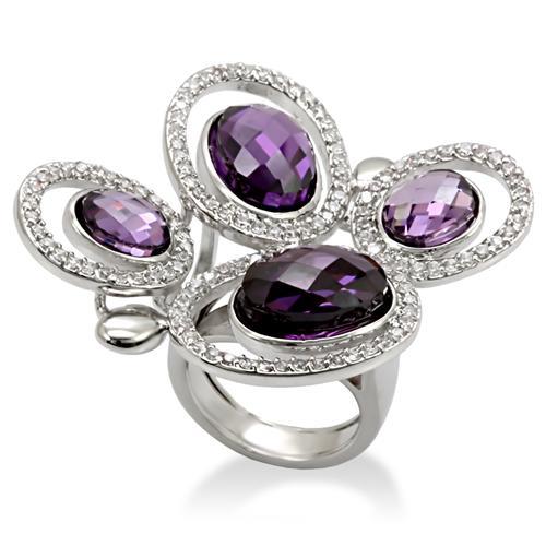 MALO1557 - Rhodium Brass Ring with AAA Grade CZ  in Amethyst
