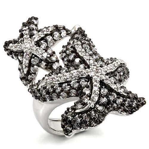 MALO1581 - Rhodium + Ruthenium Brass Ring with AAA Grade CZ  in Clear