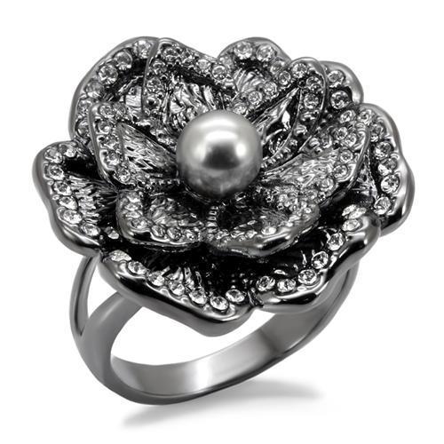 MALO1681 - TIN Cobalt Black Brass Ring with Synthetic Pearl in Light Gray