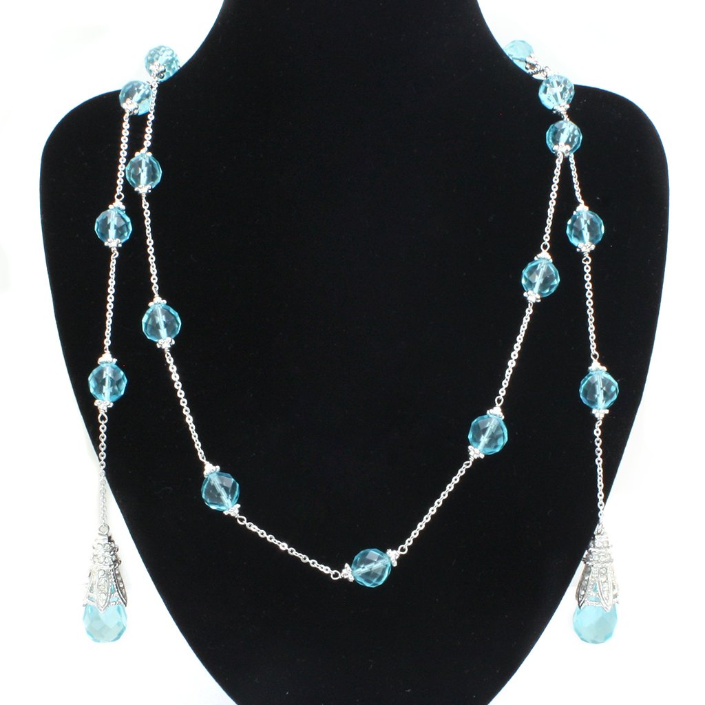 MALO1714 - Rhodium White Metal Necklace with Synthetic Glass Bead in Sea Blue