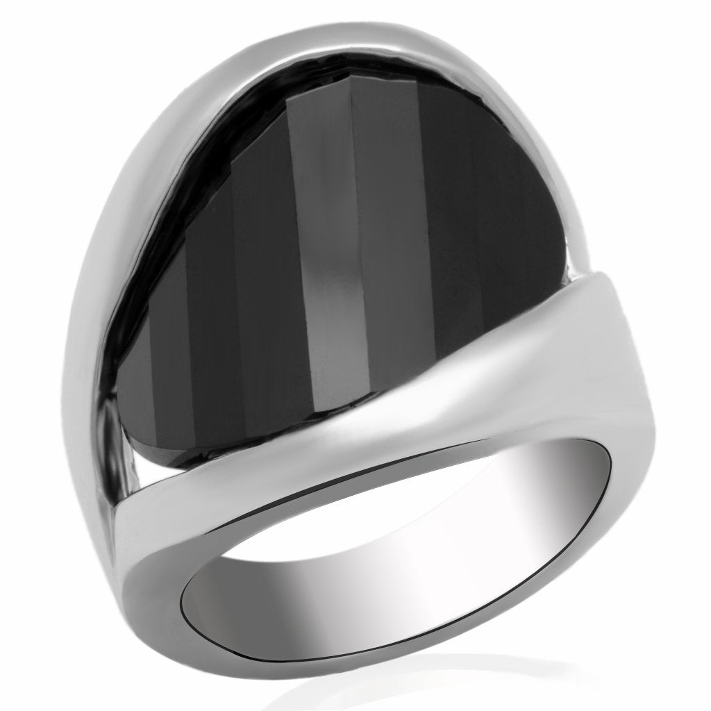 MALO2063 - Rhodium Brass Ring with AAA Grade CZ  in Jet