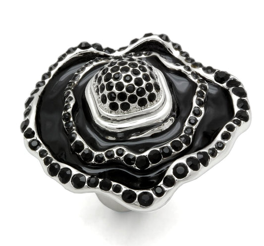 MALO2157 - Rhodium Brass Ring with Top Grade Crystal  in Jet